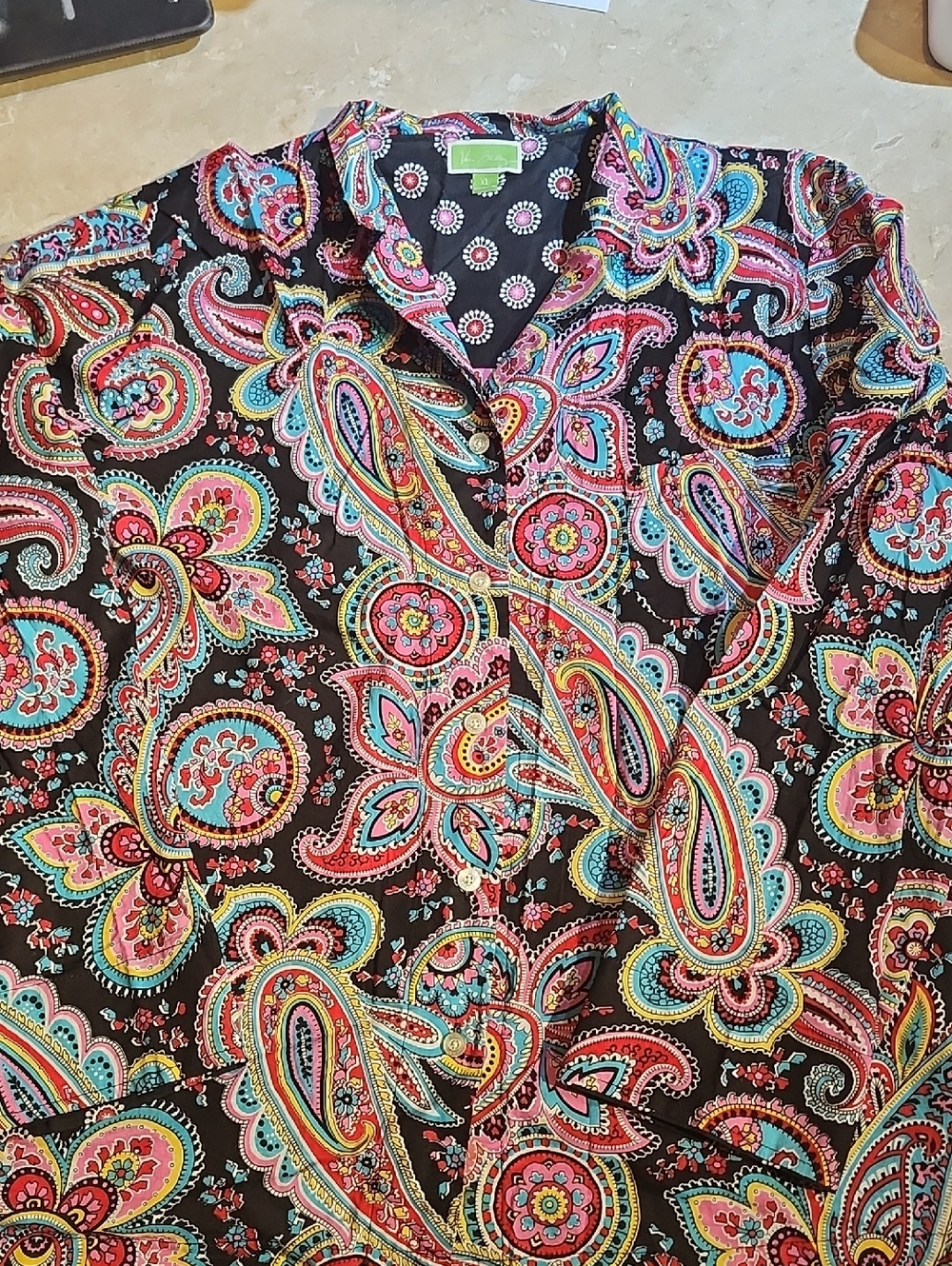 Vera Bradley Black Paisley Print Cotton Blouse XL - Picture 2 of 5